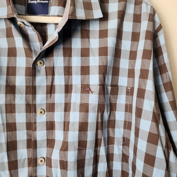 Tommy Bahama Brown Blue Buffalo Plaid Floral Button Down Casual Top Mens 2x - Picture 5 of 11